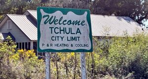 Welcome sign of Hattie's hometown Tchula, MS