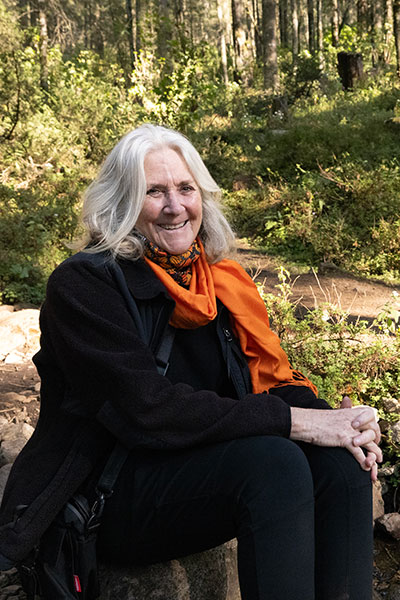 An older woman takes a rest on a forest hike.