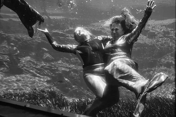Two women embrace while swimming underwater.