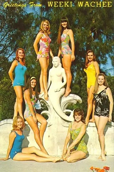 1960s women in bathing suits pose on a promotional postcard.