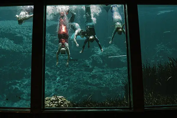 Five women dive into an underwater cavern wearing mermaid tails.