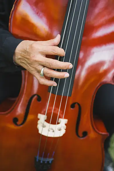 An older woman’s hand plucks the strings of a cello.
