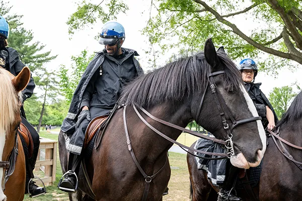 Police officers on horseback stand outside a Washington, D.C., park